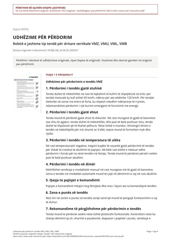 Udhëzime për përdorim: tendat VMZ, VMU, VML, VMB (SQ)